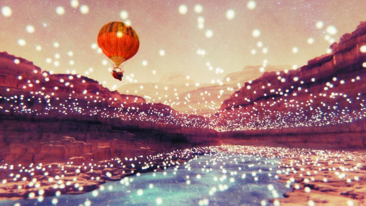 Une montgolfière vole au-dessus d'une rivière dans une ambiance lumineuse onirique